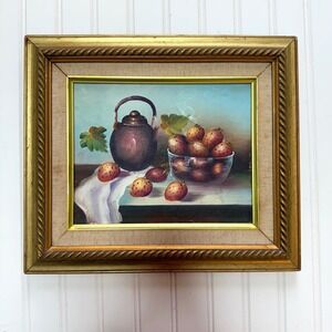 Vintage Still Life Oil Painting, Strawberries and Teapot